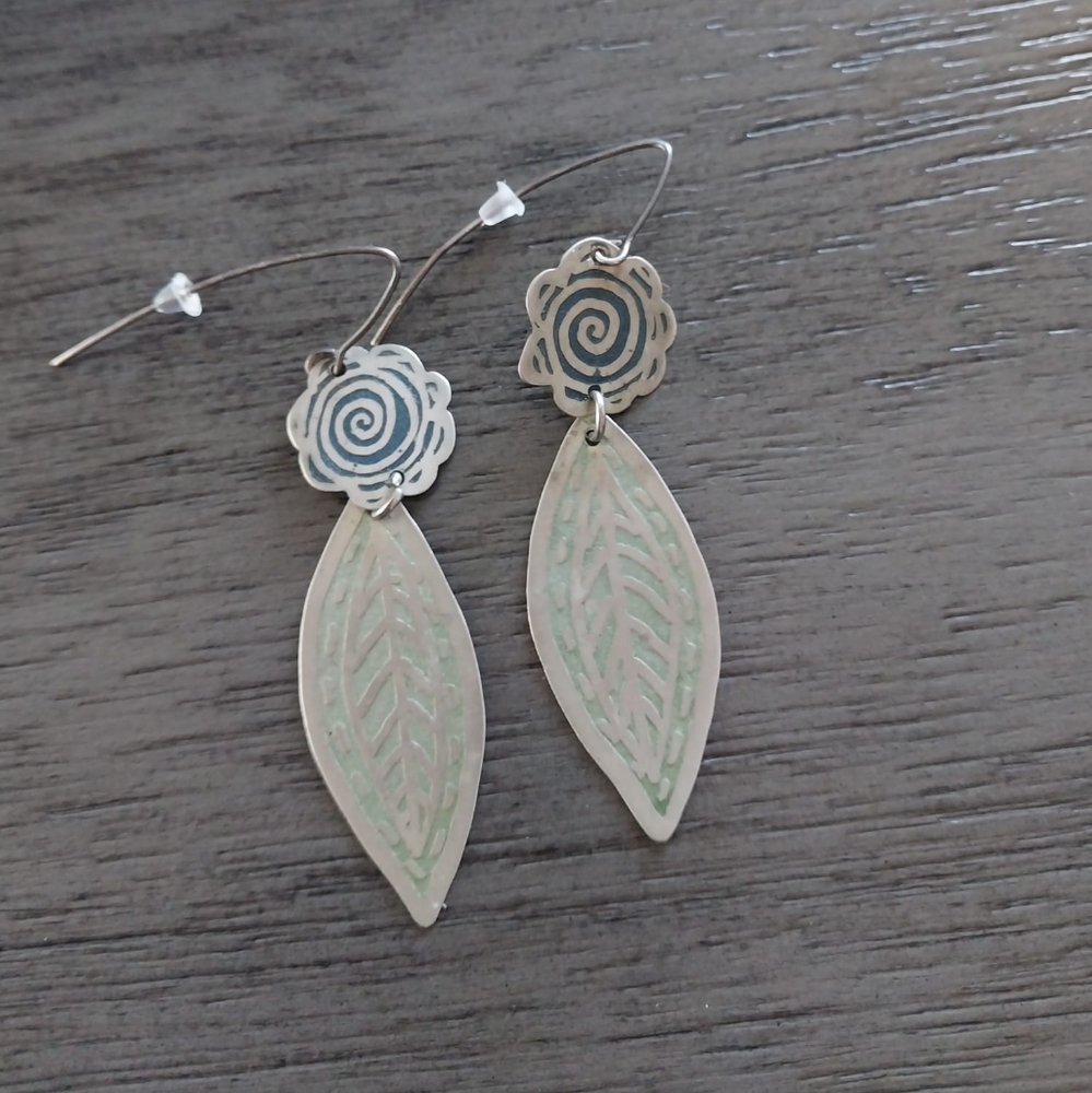 Handcrafted Silver Flower Leaf Nature  Dangle Earrings